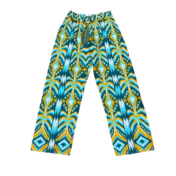 FARM Rio Pants - FARM Rio Tropical Tapestry Wide Leg Linen‎ Blend Pants Teal Yellow M Medium NWT